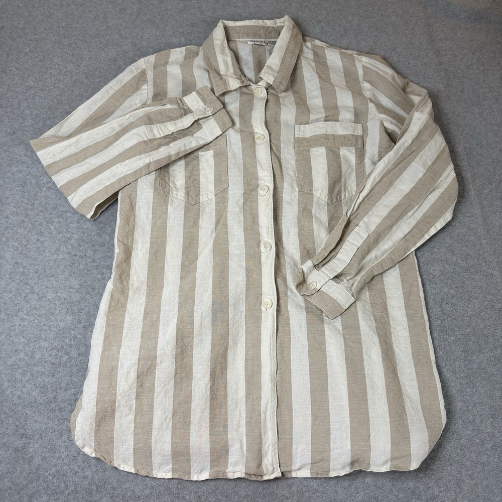 Together Linen Blend Button Front Shirt Womens Large Beige White Stripe Long Sl - Picture 2 of 8